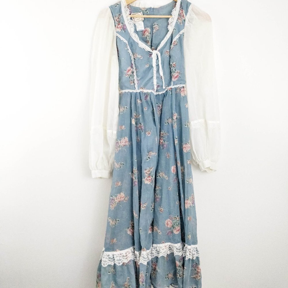 Gunne Sax Blue Floral Peasant Sleeve Midi Dress 9